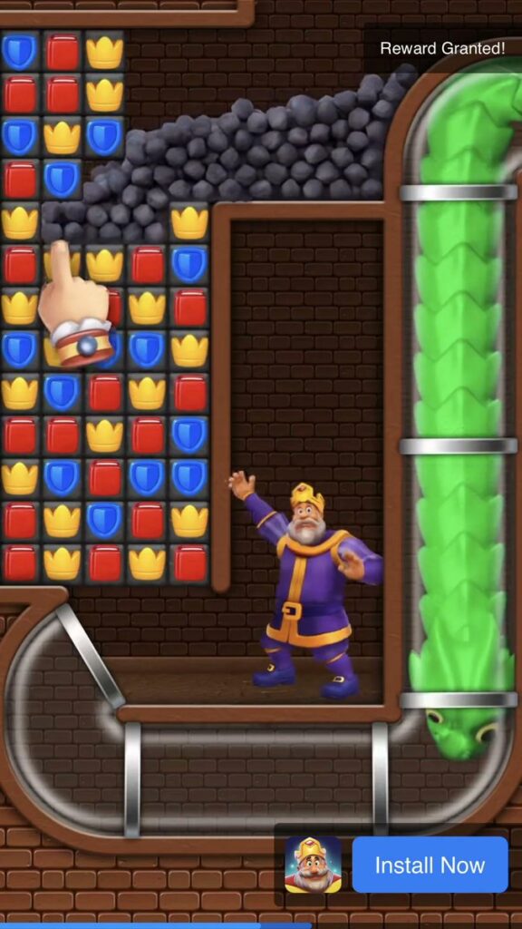 Mobile game advertising strategy example showing puzzle gameplay from a Royal Match advertisement.

